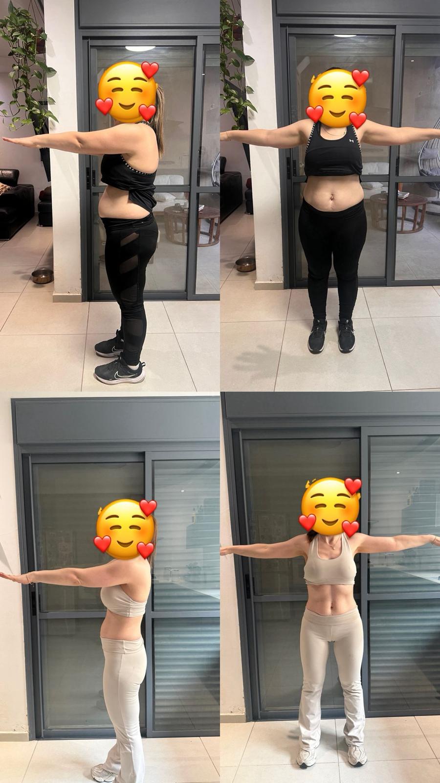 מתאמנת לפני ואחרי שנה של אימונים: למעלה לפני, למטה אחרי. הפנים מוסתרות